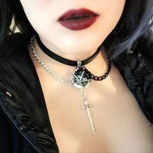 DnD Gothic D20 Choker Necklace with Sword